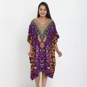 JOVIE Purple Cheetah V-Neck Kaftan - One Size Fits Most